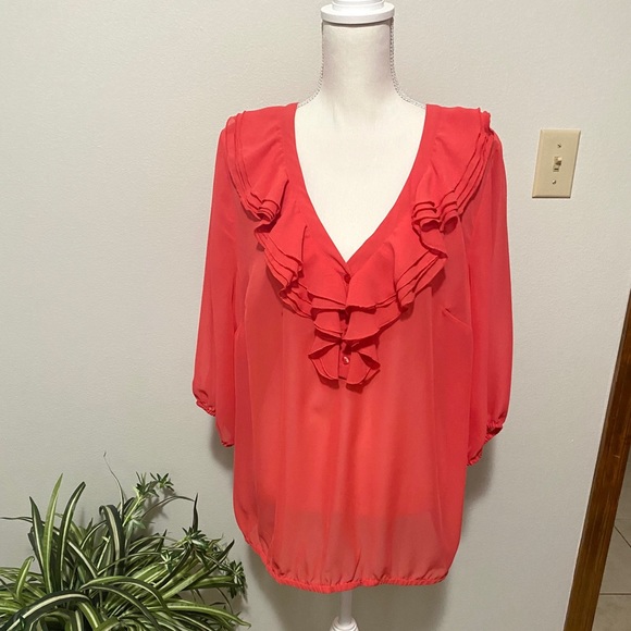 Lane Bryant, Plus Size 2 X Ruffle Chiffon Top V-Neck 3/4 Sleeves - Picture 8 of 10